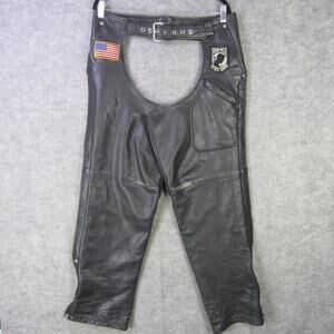 First Leather Gear Chaps Mens Medium Black Motorcycle Biker POW MIA Flag Patch